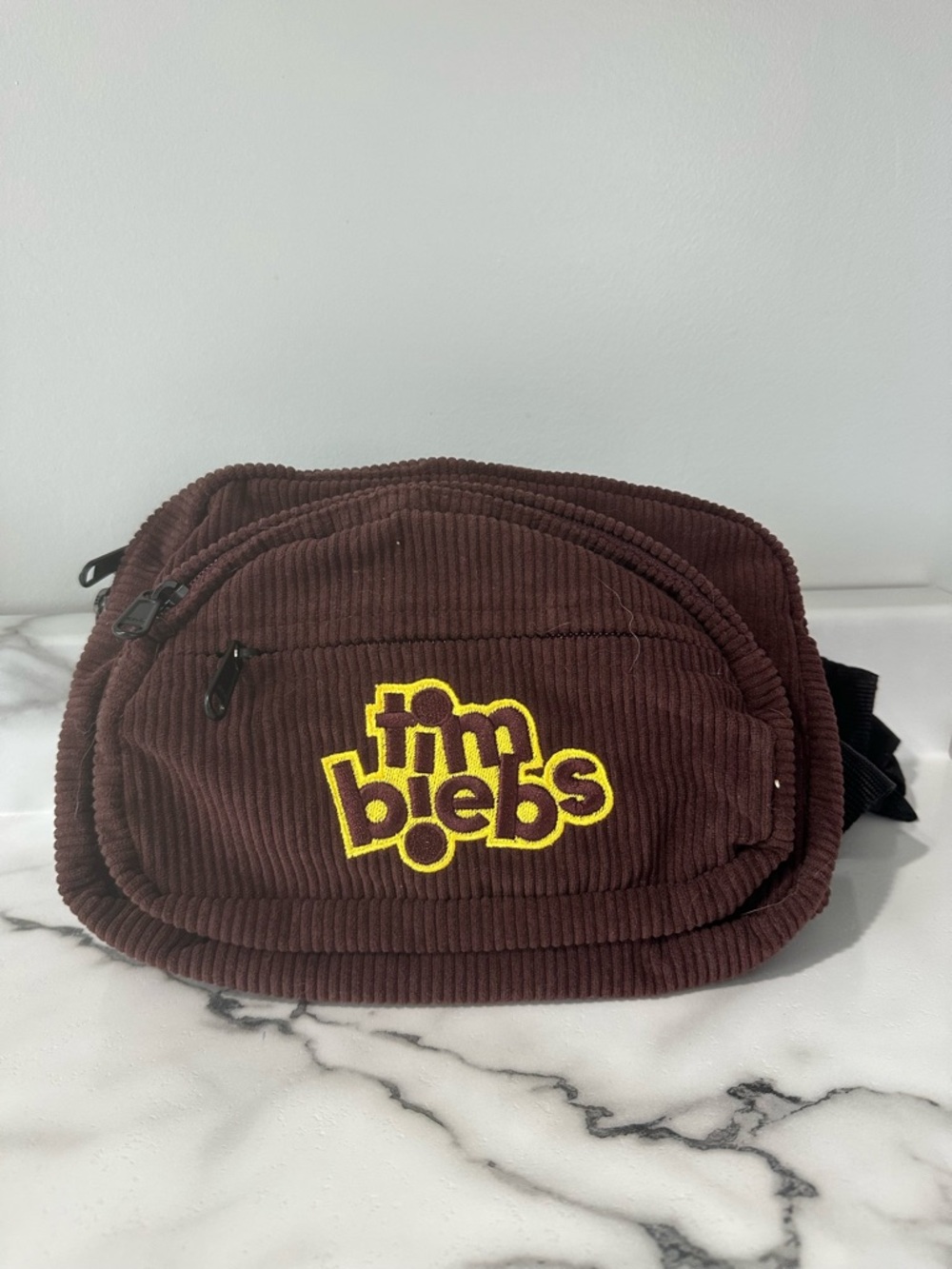 Justin Bieber Brown Corduroy Crossbody Bag with Yellow Logo